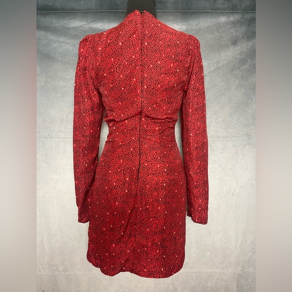 Red animal print Black Lined Cocktail Ruched Long Sleeve Mini Dress - Picture 3 of 8